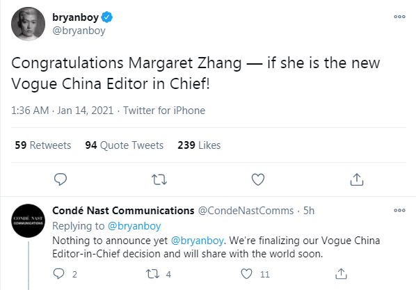 传Margaret Zhang将成中国版Vogue主编 官方称仍在物色人选